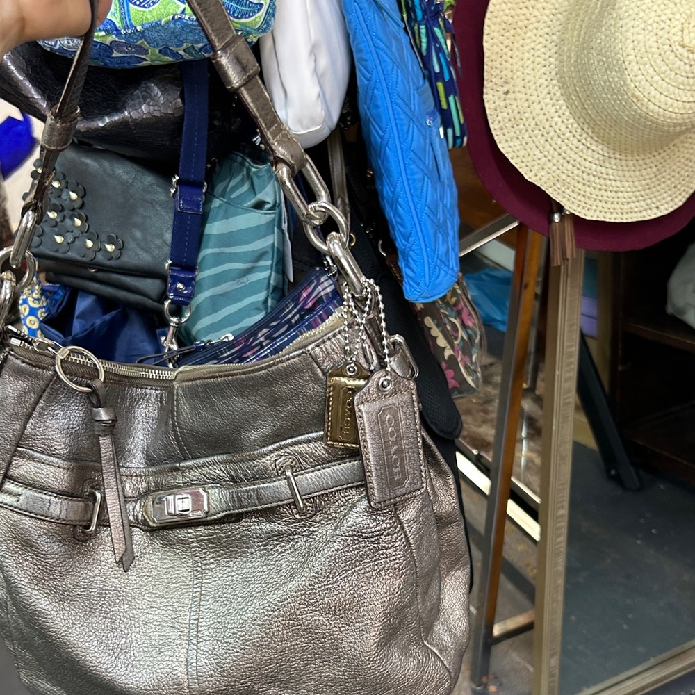 Coach Metallic Pewter Leather Shoulder Bag with Charm